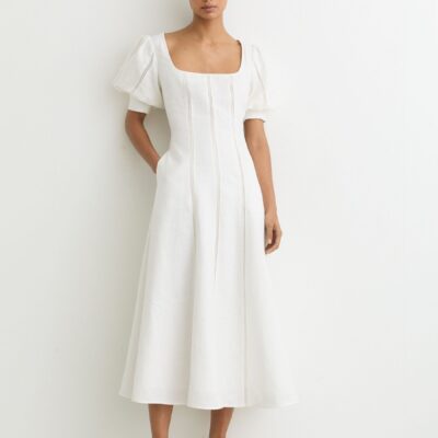 Reiss Ivory Riva Petite Linen Puff-Sleeve Embroidered Midi Dress