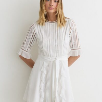 Reiss Ivory Armina Lace-Detail Belted Mini Dress