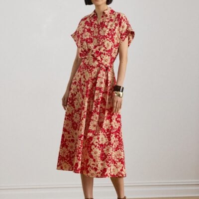 Lauren Ralph Lauren Red Floral Belted Crepe Dress