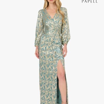 Adrianna Papell Green Metallic Crinkle Gown