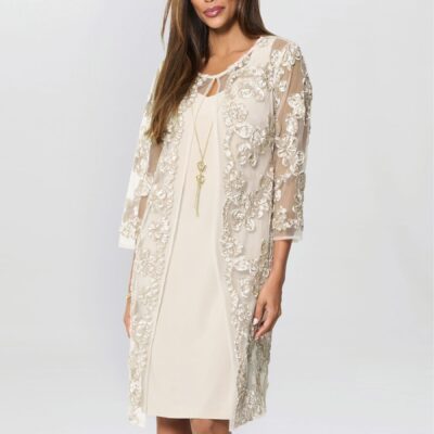 Gina Bacconi Cream Dollie Floral Soutache Dress And Jacket Set With Detachable Necklace