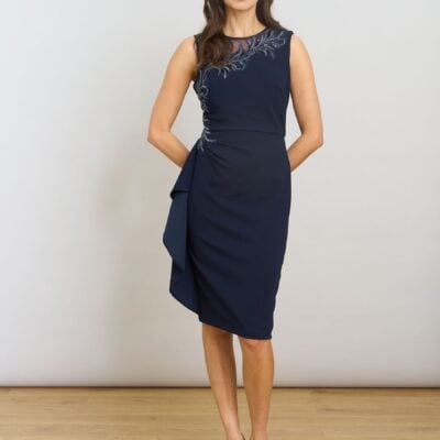 Gina Bacconi Blue Eden Crepe Dress with Beading Detail