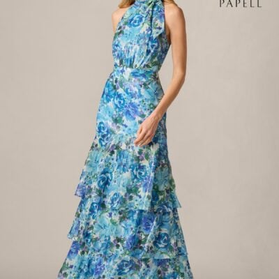 Adrianna Papell Blue Glazed Chiffon Gown