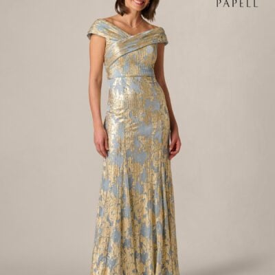 Adrianna Papell Blue Foil Leaf Mermaid Gown