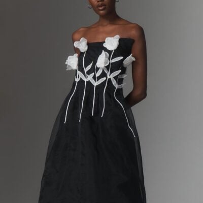 Anthropologie Maeve 3D Floral Strapless Black Midi Dress