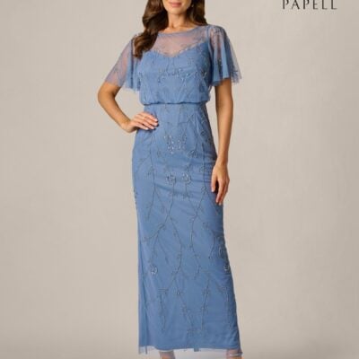 Adrianna Papell Blue Studio Bead Blouson Long Dress
