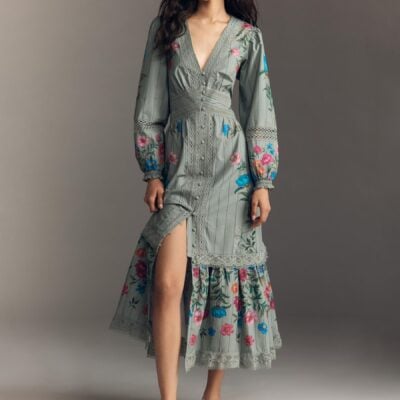 Anthropologie Floral Button-Front Midi Green Dress