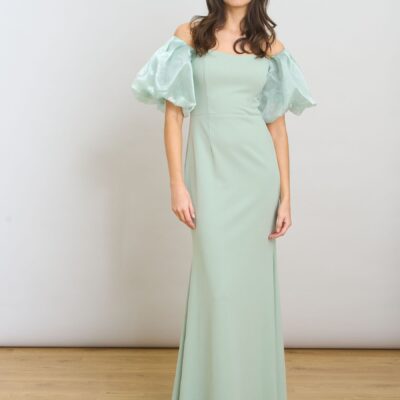 Gina Bacconi Green Indigo Puff Sleeve Maxi Dress