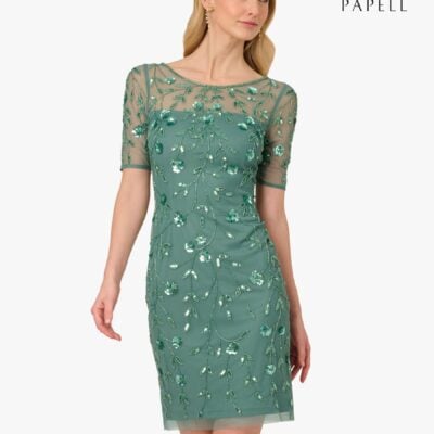 Adrianna Papell Green Beaded Floral Short Dress
