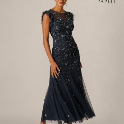 Adrianna Papell Blue Petite Bead Mesh Godet Long Dress