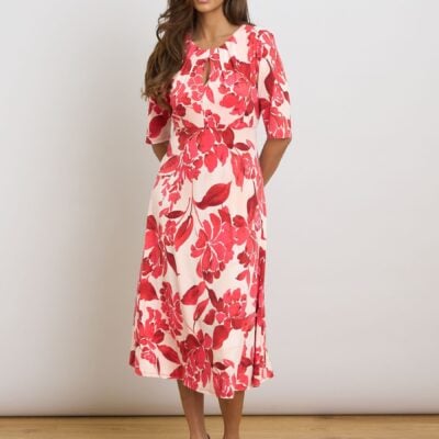 Gina Bacconi Red Maybelle Short Sleeve Keyhole Print Midi Dress