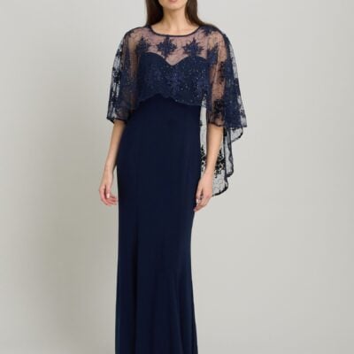 Gina Bacconi Blue Desire Jersey Maxi Dress With Lace Cape