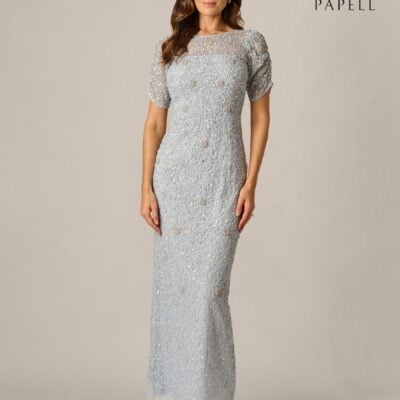 Adrianna Papell Blue Elbow Sleeve Bead Dress