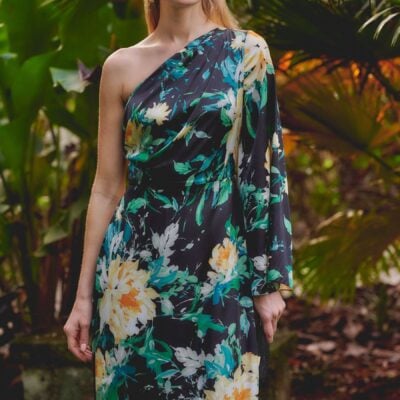 Adrianna Papell Black One Shldr Printed Satin Gown