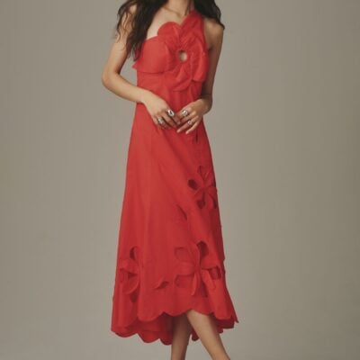 Anthropologie Red One-Shoulder Cutwork Dress