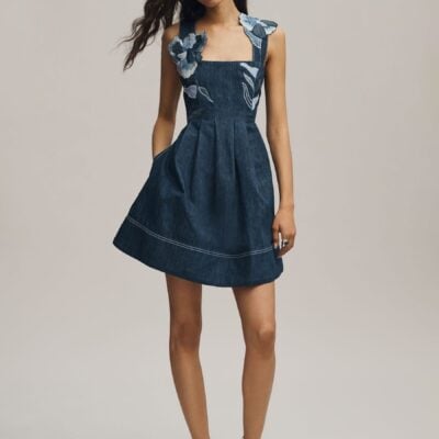 Anthropologie Blue Maeve Denim Embroidered Fit & Flare Midi Dress