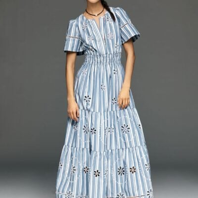 Anthropologie Blue The Somerset Cotton Embroidered Eyelet Maxi Dress
