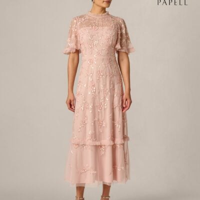 Adrianna Papell Pink Petite Ruffle Trim Bead Mesh Dress