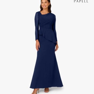 Adrianna Papell Blue Knit Crepe Combo Mesh Gown