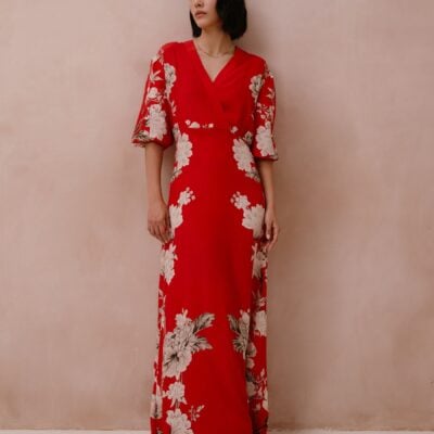 Raishma Red Frankie Short Loose Sleeve V-Neck Maxi Dress