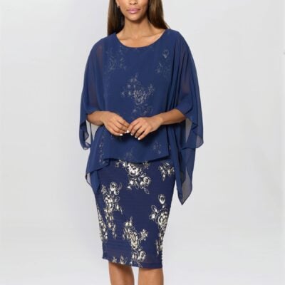 Gina Bacconi Gold Anne Foil Dress With Chiffon Cape