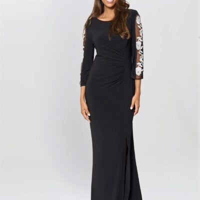 Gina Bacconi Black Suzie Embroidered Sleeve Maxi Dress