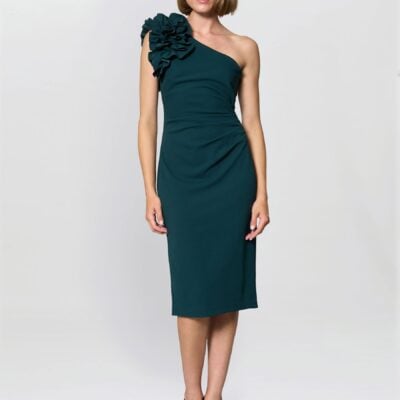 Gina Bacconi Green Kimberley One Shoulder Ruffle Dress