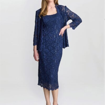 Gina Bacconi Blue Alannah Sequin Lace Shift Dress and Jacket