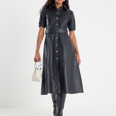 River Island Black Real Leather Belted Shirt Dress