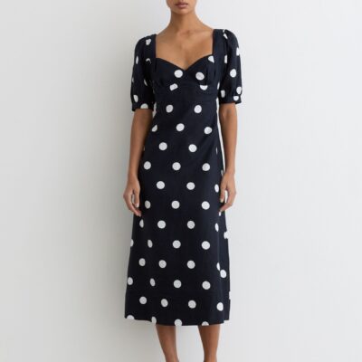 Reiss Navy/Ivory Astrid Linen Puff-Sleeve Polka-Dot Midi Dress