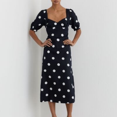 Reiss Navy/Ivory Astrid Petite Linen Puff-Sleeve Polka-Dot Midi Dress