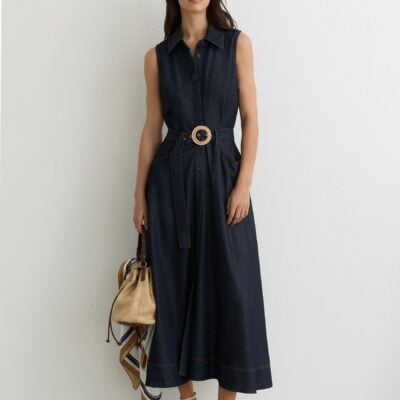 Reiss Indigo Blue Remi Button-Front Belted Denim Midi Dress