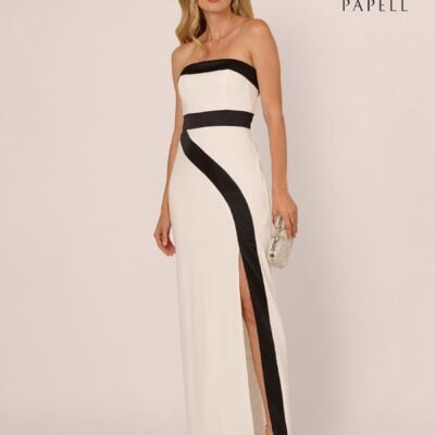 Adrianna Papell White Colorblock Crepe Gown