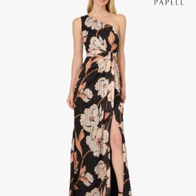 Adrianna Papell Black Draped Floral Ribbon Gown