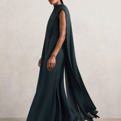 Reiss Teal Green Greta Crepe Cape Maxi Dress