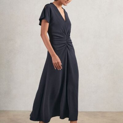 Reiss Navy Rowe Ruched-Front Midi Dress