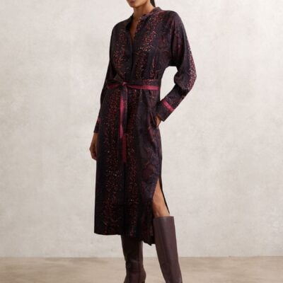 Reiss Burgundy/Black Daria Snake-Print Belted Shirt Dress