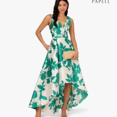 Adrianna Papell White High Low Print Mikado Dress