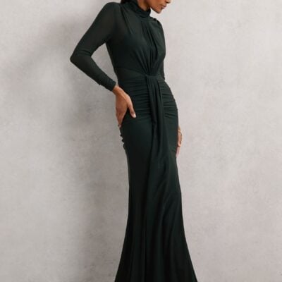 Reiss Dark Green Danni Ruched Long-Sleeve Maxi Dress