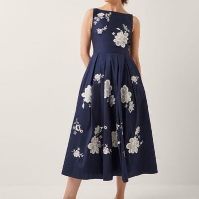 Monsoon Blue Sicily Embroidered Fit & Flare Midi Dress