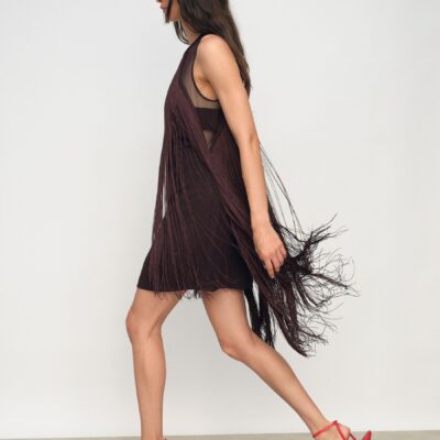 Reiss Burgundy Farrow Fringe-Detail Sheer-Panel Mini Dress