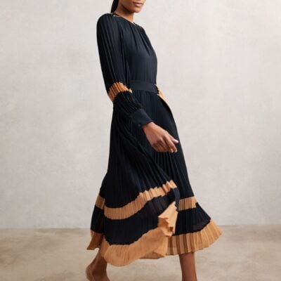 Reiss Navy/Camel Tori Colour-Block Pleated Midi Dress