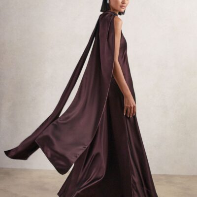 Reiss Burgundy Fae Satin Cape Maxi Dress