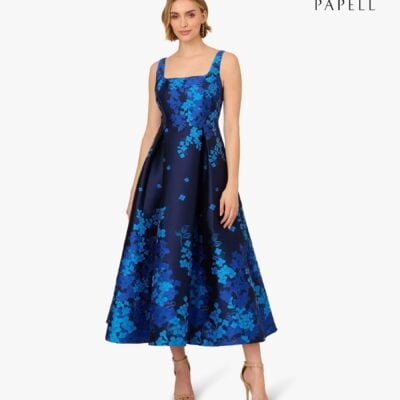 Adrianna Papell Blue Border Jacquard Dress