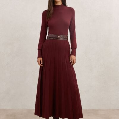 Reiss Raspberry Red Alicia Belted Knit Pleated Midi Dress