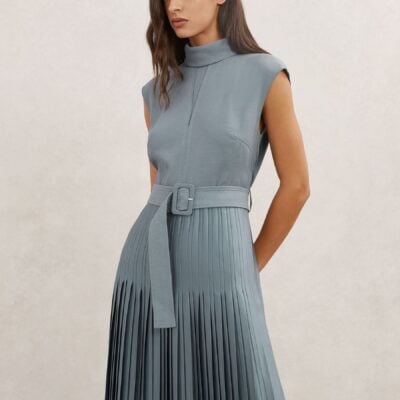 Reiss Blue Ania Roll-Neck Belted Pleated Midi Dress