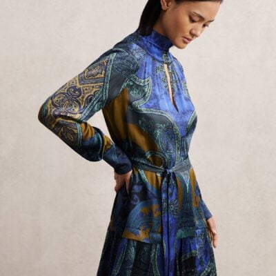 Reiss Blue Kaisley Paisley-Print Belted Mini Dress