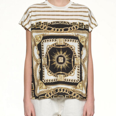 Balmain 3 Btns Foulard Print T-shirt in White/black/gold White / Xs