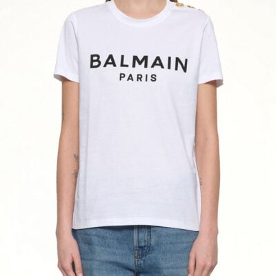 Balmain 3 Button Printed Logo Classic Fit T-shirt in White/black White / L