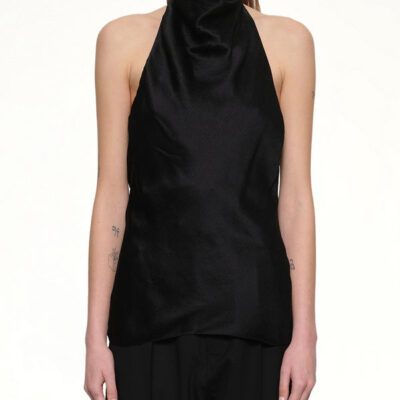 Balmain Halterneck Crepe Satin Top in Black / 38